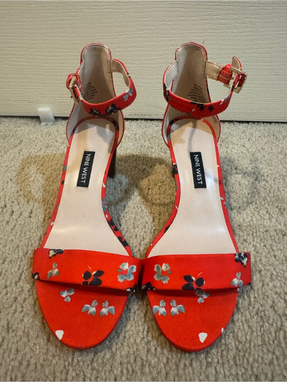 Nine West Red Floral Open-Toe Ankle-Strap Heels. Used